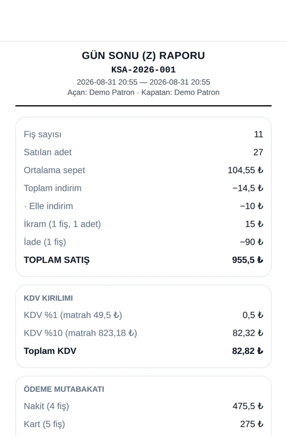 Gün sonu Z raporu — uygulama ekran görüntüsü